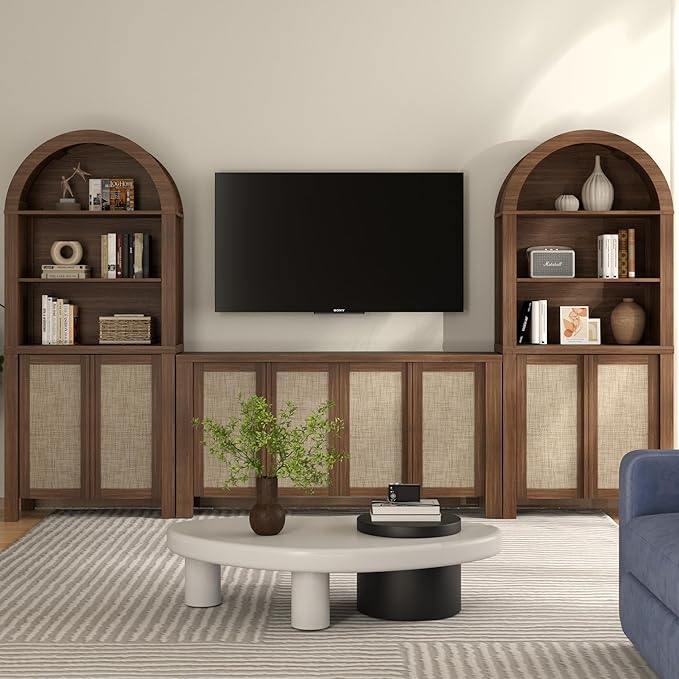 Yechen Arched Bookcase, 70.5" Tall Bookcase with Storage, Mid-Century Modern 5 Tier Bookshelves with Door, Boho Rattan Bookshelf for Living Room Kitchen Office Bedroom Library, Dark Walnut,2 PCS