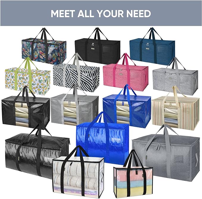 BALEINE 8-Pack Oversized Moving Bags with Reinforced Handles, Heavy-Duty Storage Tote Moving Supplies for Packaging, Camping (Blue w/Window, 8-Pack)
