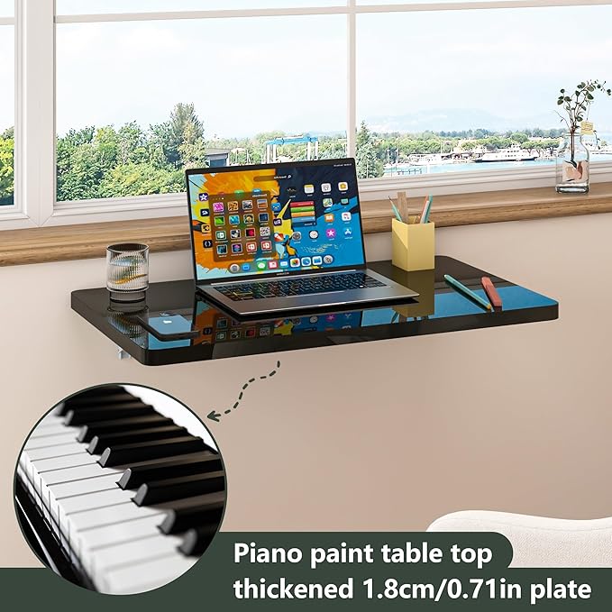 Clikuutory Black Wall Mounted High Gloss Folding Table 23.6" L x 15.7" W, Laundry Folding Table for Laundry Room, Home Office, Kitchen, Bedroom, Home Bar, Wall Desk Fold Down for Small Spaces