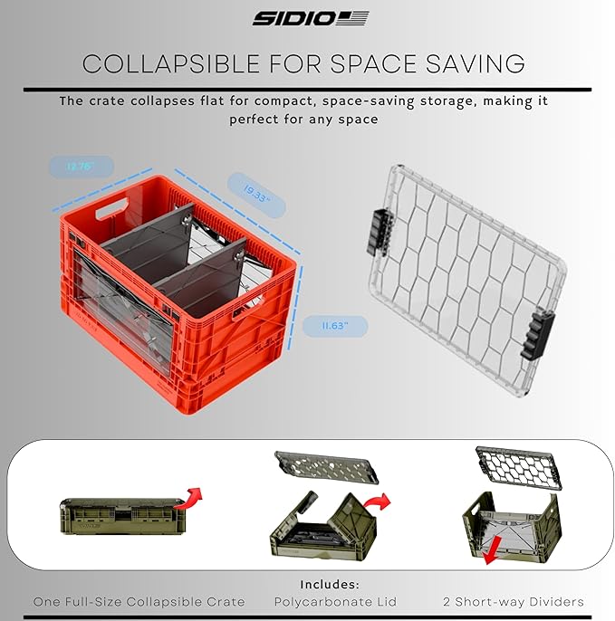 SIDIO Full-Size Collapsible Crate - Heavy Duty Stackable Storage Bin with Lid & 2 Short-Ways Dividers, Durable Plastic Organizer for Home, Office, Garage & Outdoor Use (Red)