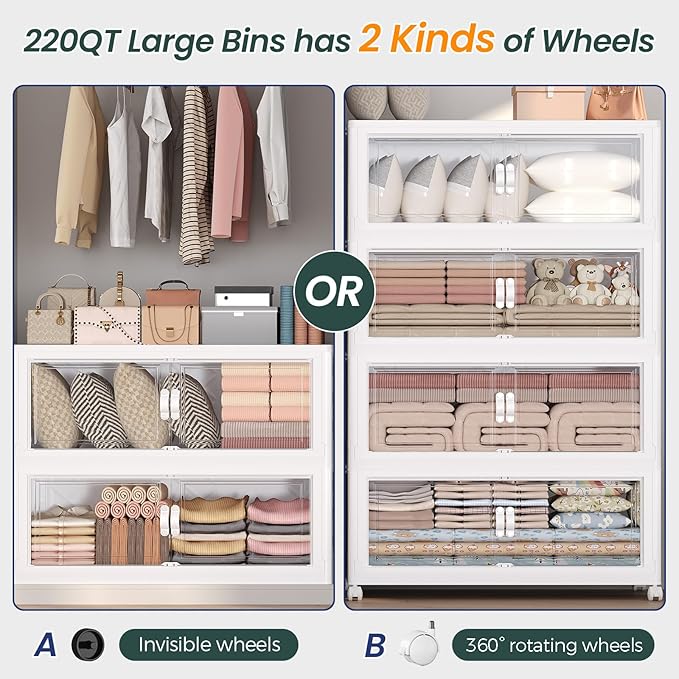 880QT Extra Large Stackable Storage Bins with Lid, 220Gal Collapsible Closet Organizer Box with Wheels, Folding Plastic Storage Cabinet with Doors for Home Kitchen Office Dorm, 4Pack White