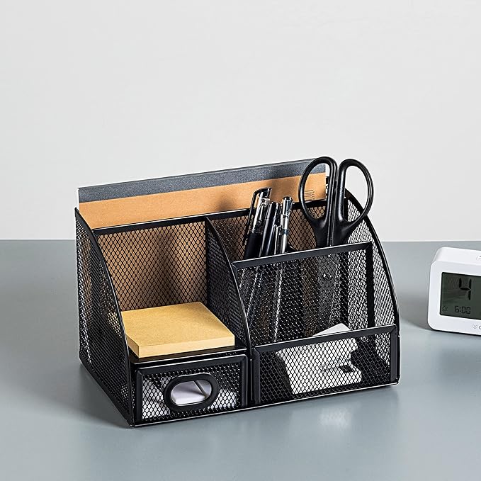 Amazon Basics Pen Holder and Desk Organizer, Office Caddy Storage, Black, ‎9.1" x 5.9" x 5.5''