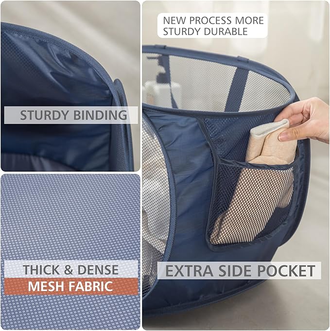 HONOMA Sturdy Mesh Laundry Hamper Basket Bag,Pop up Basket with Side Pocket for Laundry Room, Bathroom, Kids Room, College Dorm or Travel (Pop Horizontal, Emerald)