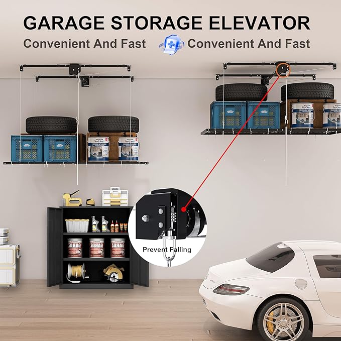 4x8FT Overhead Garage Storage Rack for High Ceilings 10-12 FT, Adjustable Garage Organization System, Heavy Duty Ceiling Storage Racks with Safety Lock,325LBS Capacity,Black