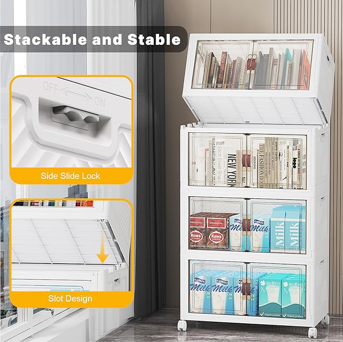 440Qt Stackable Storage Bins with Lids, 8 Pack Collapsible Bins with Wheels, Plastic Cabinet with Doors, Foldable Closet Organizers and Storage for Home, Dorm, Office, White