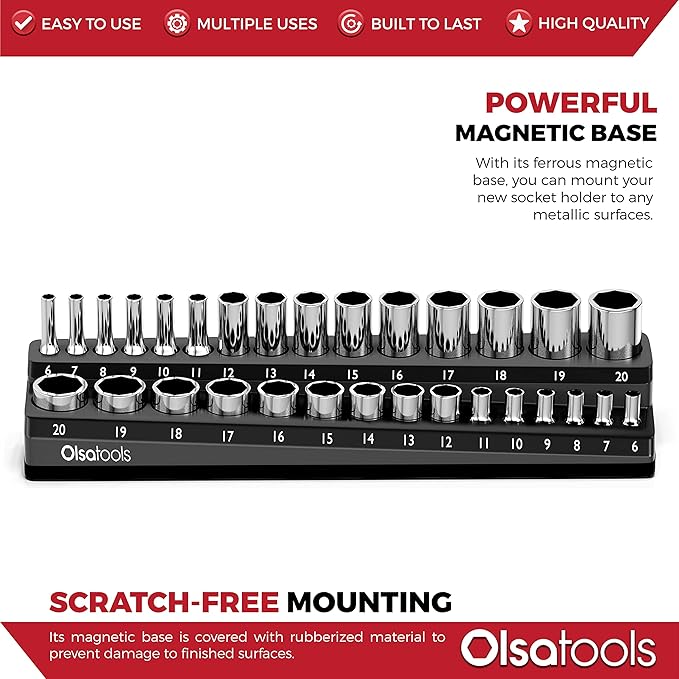 Olsa Tools Magnetic Socket Holder | 3/8-inch Drive | Metric | Black | Holds 30 Sockets | Professional Quality Tools Organizer