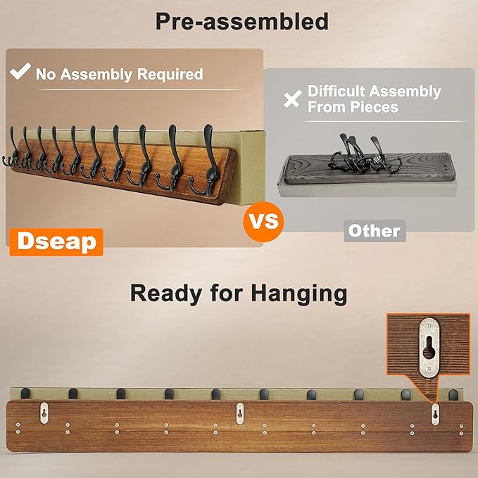 Dseap Coat Rack Wall - Heavy-Duty 38-1/4" Long, with Reinforced 10 Custom Tri-Hooks, Solid Wood Wall Hanger for Coats Hat Jackets - Rustic Farmhouse Entryway Storage,Weathered Brown & Black,Pack of 2