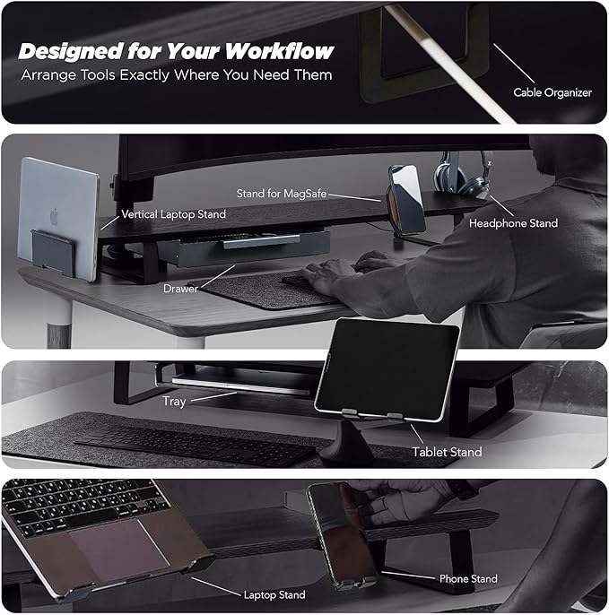 Moodular Wooden Monitor Stand 33.4” (85cm) Desk Organizer with Metal Slide Rails for Drawer, Tray, Laptop, Tablet, Phone & Headphones Customizable Riser for Organized Workspace Oak MS85-O