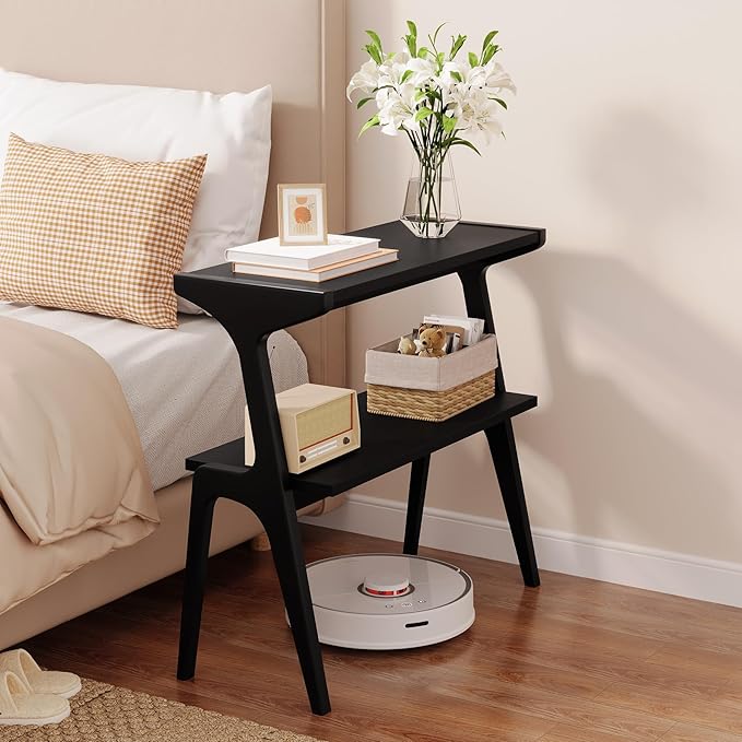 Set of 2 Solid Wood End Table, 2-Tier Side Table with Storage Shelf, Wooden Modern Accent Slim Bedside Table for Sofa, Living Room, Bedroom, Small Space, Easy Assembly, Black