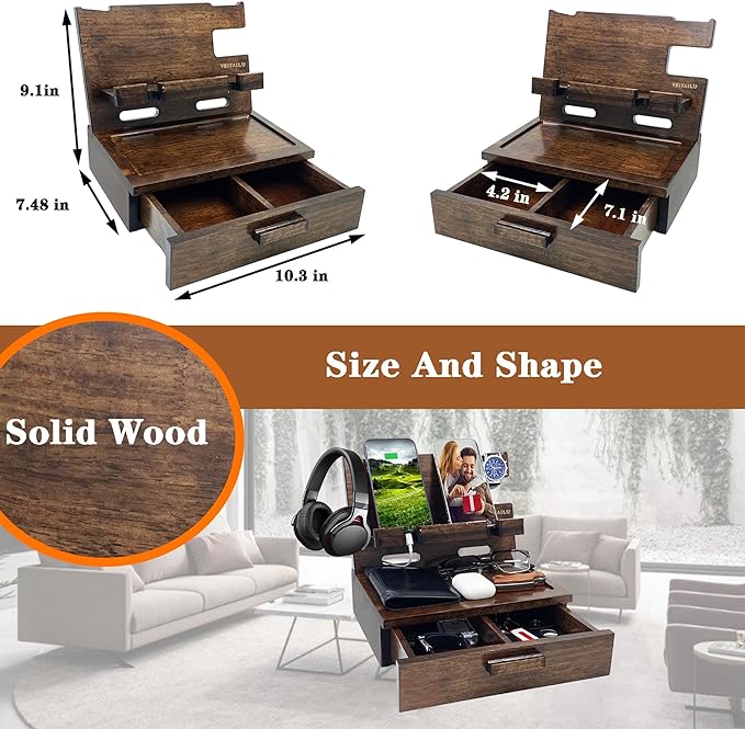 Gifts for Men Women Husband Son Boyfriend Him Nightstand Organizer Wood Phone Docking Station Birthday Gifts (Walnut)