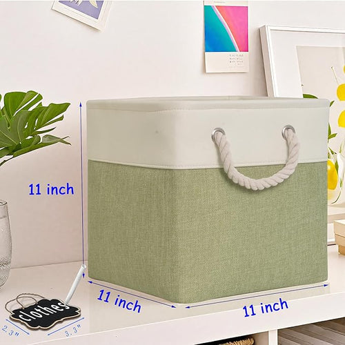 11x11 cube storage bins[6 Pack],Cube Storage Organizer Bins with Rope Handles, Eco-Friendly Linen Collapsible Organizers for Closet, Nursery, Toys, Office, Bathroom – Dual Color Design.(White&Green)