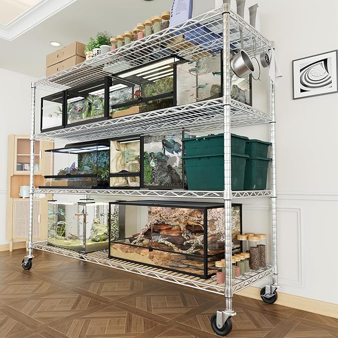 PrimeZone 4 Tier 55.5" Wx24 Dx76 H Wire Shelving with Wheels 2400lbs NSF Certified Storage Shelves Heavy Duty Metal Shelf Adjustable Rolling Rack Commercial Garage Restaurant Warehouse Chrome 4Pack