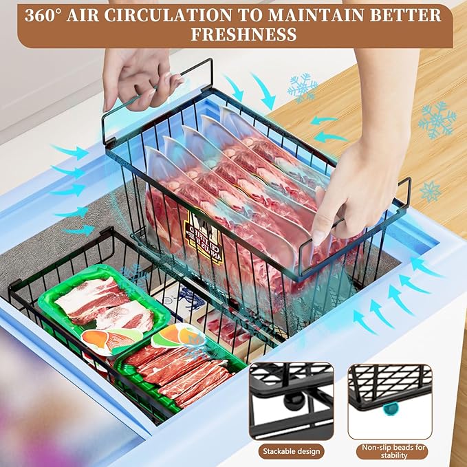 Enhanced Leak-Proof Bottom - Freezer Organizer Bins ，5 Pack Stackable Deep Freezer Organizer Bins for 7 Cu.FT Small Chest Freezer，Easy Get Bottom Foods without Digging