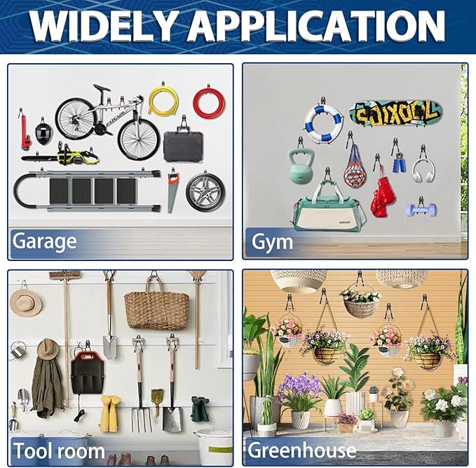 3-H Garage Wall Hooks 60 Pack, Heavy Duty Garage Hooks with Extra Welding Spots, Wall Mount Storage Organizer for Hanging Garden Lawn Tools, Ladder, Bike, WeedEater, Chair, Shovel, Blower (Black)