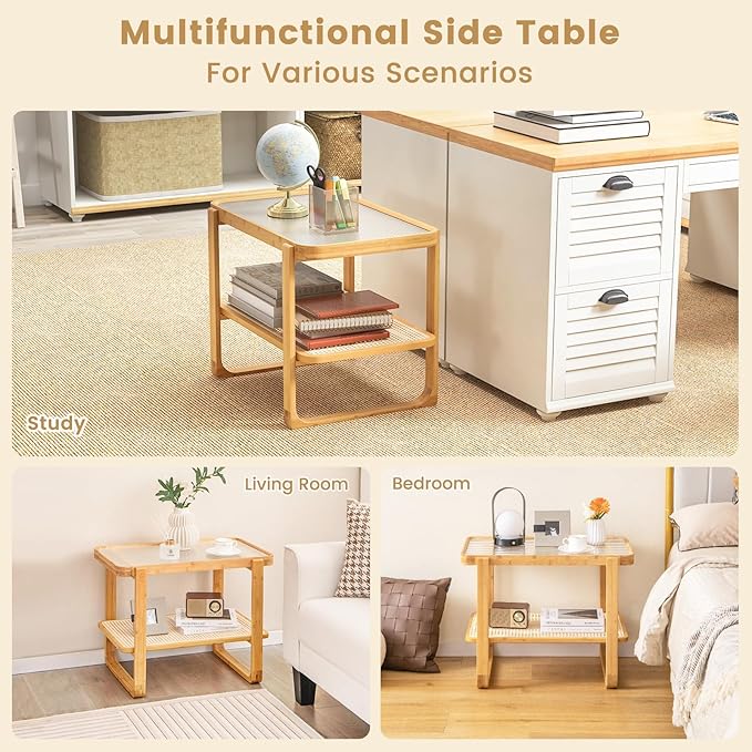 GOFLAME Bamboo Side Table Set of 2 with Glass Top, 2-Tier End Table with PE Rattan Shelf, Ideal for Bedroom, Living Room