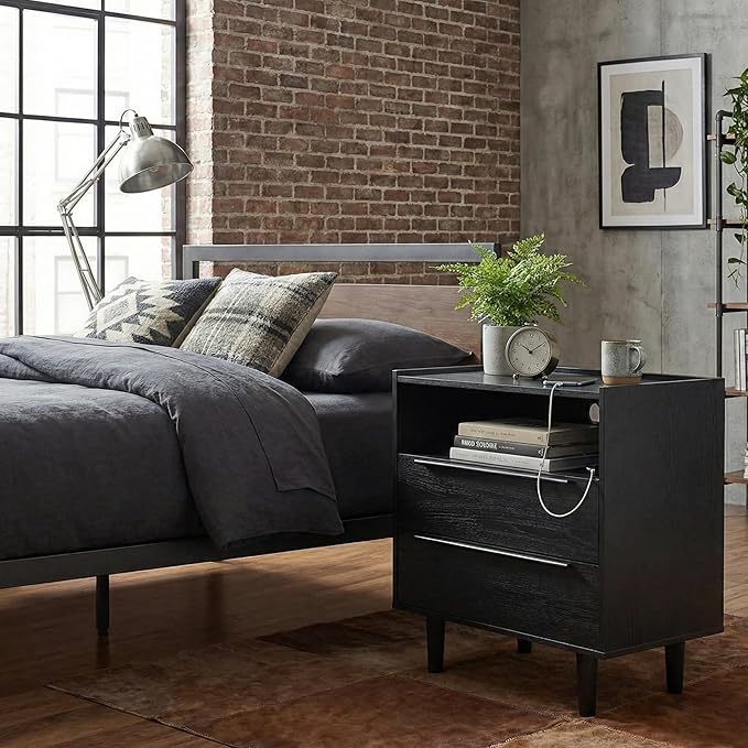 26" Tall Black Nightstand with Charging Station, 2 Drawer Contemporary Modern Bedside Table with Tray Top, USB Ports, Outlets & Open Shelf for Bedroom or Living Room