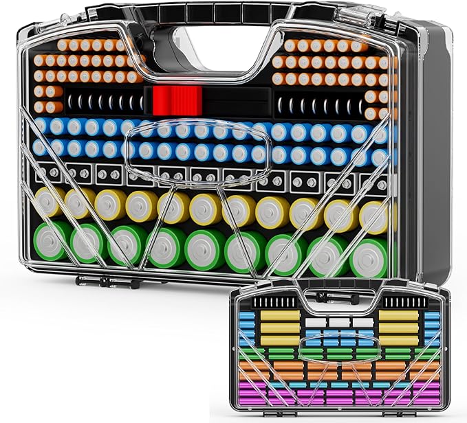 Battery Organizer Storage Holder Box Case with Tester, Stores & Protects Up to 285+ Batteries, Double-Sided and Durable Design,Holds AA AAA 4A C D Cell 9V 3V Lithium LR44 CR2 CR123 (Black)