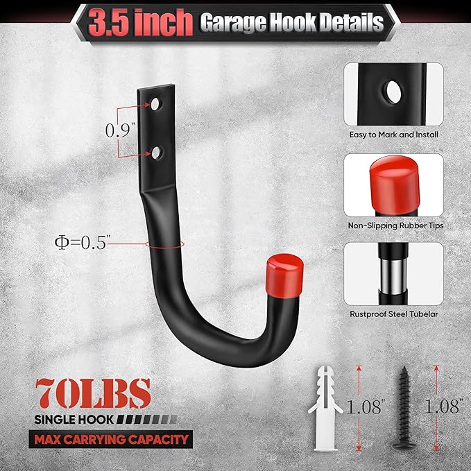 Nacial 10 Pack Garage Hooks Heavy Duty, 15" & 3.5" Kayak Storage Hooks with EVA Pads, 100LBS Capacity Large Garage Hooks for Hanging Bikes, Kayak Folding Chairs and Hanging Ladders