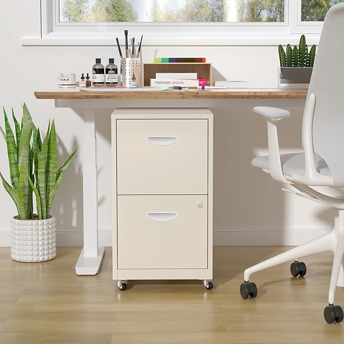 2 Drawer Mobile File Cabinet with Lock, Metal Filing Cabinets with Wheels,Rolling Storage Cabinet, Under Desk Vertical File Cabinet for Home Office, Lockable Steel Two Drawer for Letter Size, Cream