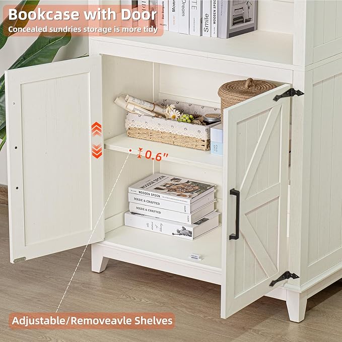 5 Tier Bookshelf 70in Tall Bookcase with Barn Doors and Storage Cabinet, White Farmhouse Book Shelf with Adjustable Shelves, Wood Freestanding Display Bookshelves for Bedroom, Kitchen (2PCS)