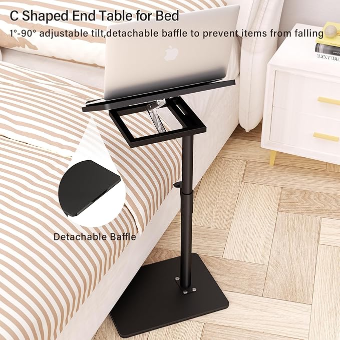 Sofa Armrest Tray Table for Couch - 360° Swivel Height Adjustable End for Small Spaces, Snack Side Table for Bed or Chair with Phone & Tablet Slot (Black,Angle Adjustable)