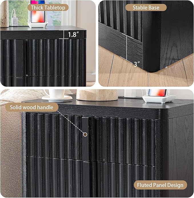 Black 23.6" Nightstand with Charging Station, Side Table with 3 Storage Drawers, Mid Century Modern Night Stand with Solid Wood Handle, Bedside End Table for Bedroom, Living Room, Closet