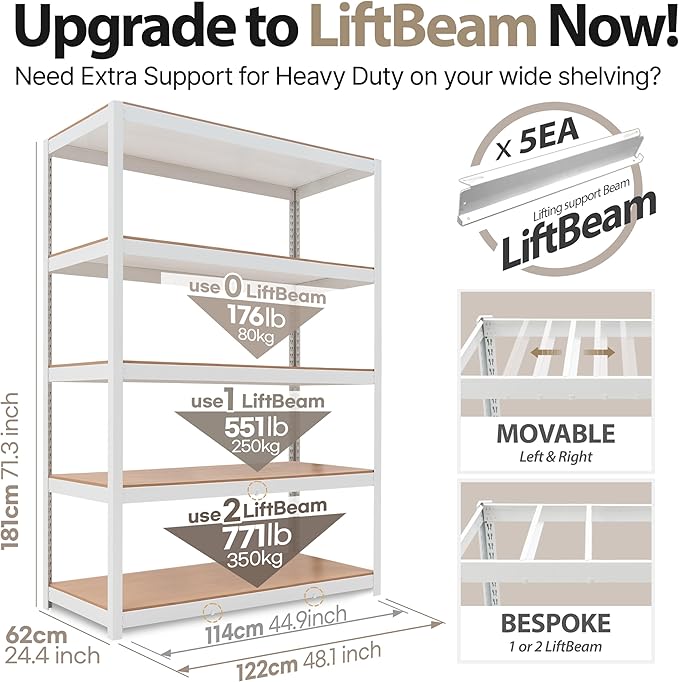 HOMEDANT House Lift-Beam White Boltless Heavy Duty Garage Storage Shelving Adjustable 5-Tier Metal Shelves Laminated Shelf Industrial Utility Rack Pantry 48.1" W x 24.4" D x 71.3" H 1Pack
