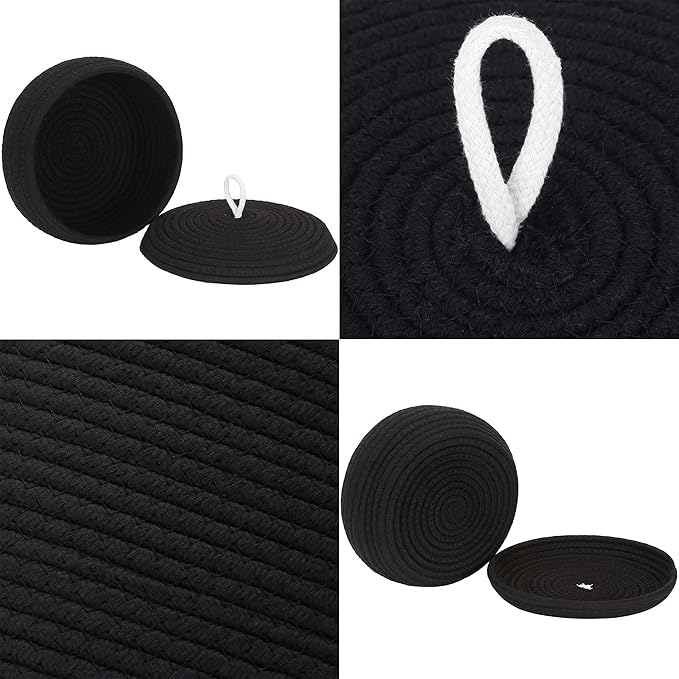 Sea Team Round Cotton Rope Storage Basket with Lid, Decorative Woven Storage Bin, Pot, Caddy, Organizer, Container for Snacks, Towels, Plants, 10 x 4.5 Inches (Small, Shallow, Black)
