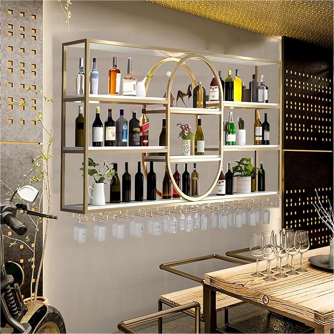 Large Wall Mount Wine Rack, Metal 4 Tier Large Capacity Hanging Bar Rack with Wine Glass Holder, Oval Wine Bottle Storage Display Rack for Kitchen, Living Room, Home (Black, 140cm/55.1in)