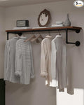 Clothes Rack 42in, Wall Mounted Garment Racks with Real Brown Wood Shelf, Heavy Duty Hanging Clothes Rack, Multi-Purpose Hanging Rod, Space-Saving Closet Storage