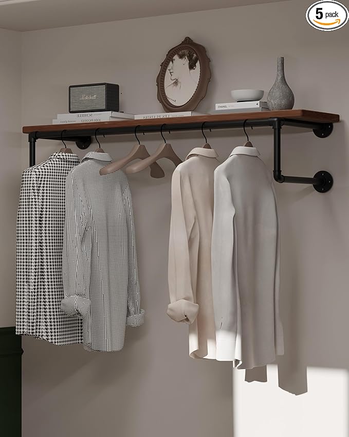 Clothes Rack 42in, Wall Mounted Garment Racks with Real Brown Wood Shelf, Heavy Duty Hanging Clothes Rack, Multi-Purpose Hanging Rod, Space-Saving Closet Storage