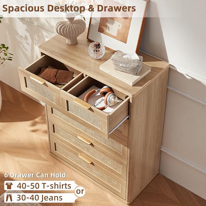 LEYAOYAO Rattan Dresser for Bedroom, 42" Tall Chest of Drawers, Modern 6 Drawers Boho Dressers with Storage, Light Oak Dresser Wooden Closet Organizer for Living Room, Hallway, Natural Wood