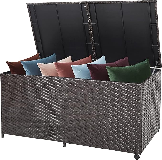 Tangkula 175 Gallon Outdoor Storage Box, Wicker Patio Deck Box with 2 Universal Wheels and Waterproof Zippered Liner, Outdoor Storage Container for Cushions, and Garden Tools