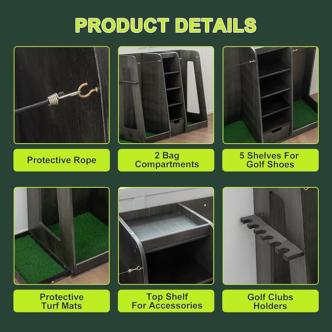 Wooden Golf Bag Storage Organizer Fits 2 Bags and Multiple Golfing Equipment Accessories, Golf Bag Rack Club Stand Holder Great Gifts for Any Level Golfer