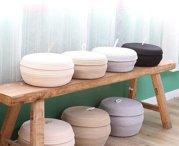 Sea Team Round Cotton Rope Storage Basket with Lid, Decorative Woven Storage Bin, Pot, Caddy, Organizer, Container for Snacks, Towels, Plants, 13 x 5.5 Inches (Large, Shallow, Khaki)