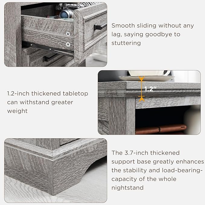 ACCOHOHO 18" Farmhouse Nightstand with Charging Station,End Table with 2 Drawers Storage,Side Table,Bedside Cabinet for Bedroom,Living Room,Grey