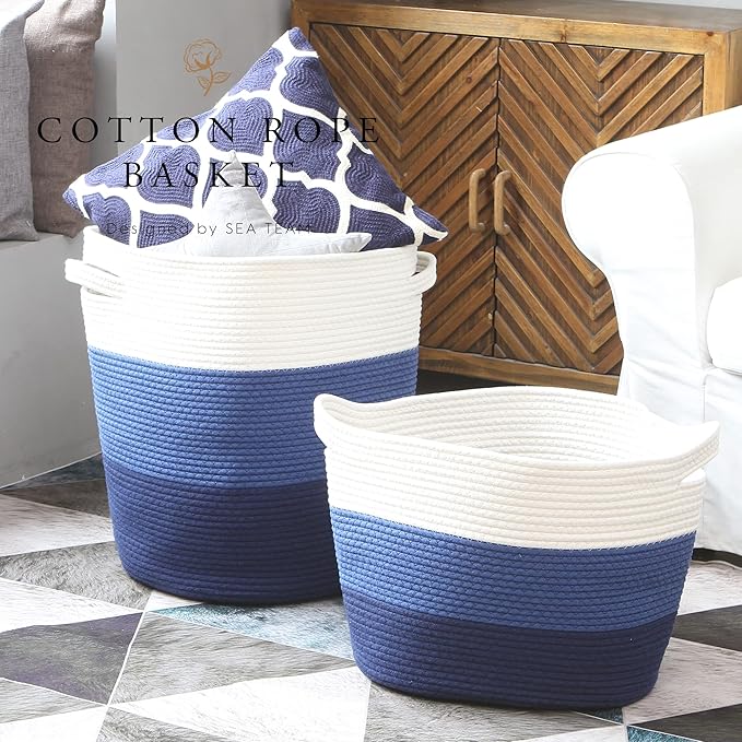 Sea Team Oval Large Cotton Rope Woven Storage Basket with Handles, Diaper Caddy, Baby Shower Basket, Nursery Nappies, Clothes Toys Organizer for Kid's Room, 16 x 13 inches, White & Navy