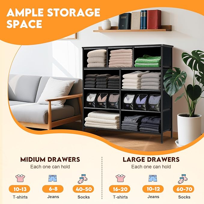 Curved Profile Dresser for Bedroom, Chest of Drawers, 9 Storage Drawers Organizer Unit, Black Dresser with Fabric Bins for Closet, Living Room, Kid Room (Grey and Charcoal Black)