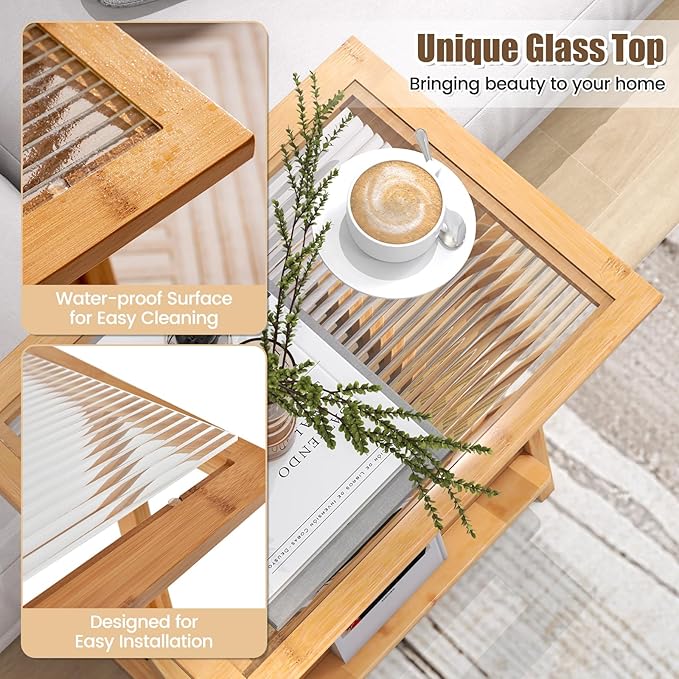 GOFLAME Rattan Side Table Set of 2, Z-Shaped End Table with Magazine Rack, Bamboo Sofa Side Accent Table with Glass Top, Small Boho Nightstand, Bedside Table for Small Space, Living Room, Bedroom