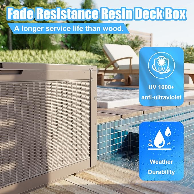 280 Gallon Large Resin Deck Box, Lockable Outdoor Storage Box for Patio Cushions Storage Furniture,Garden Tools, Pool Supplies, Weatherproof and UV Resistant- Grey Rattan (280Gallon)