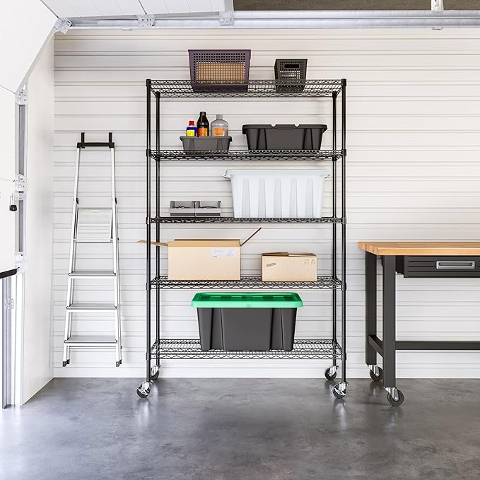 Seville Classics UltraDurable Heavy Duty NSF Solid Steel Wire Rack Storage Unit, Organizer for Garage, Warehouse, Office, Restaurant, Classroom, Kitchen, Black, 5-Tier Shelving, 48" W x 18" D