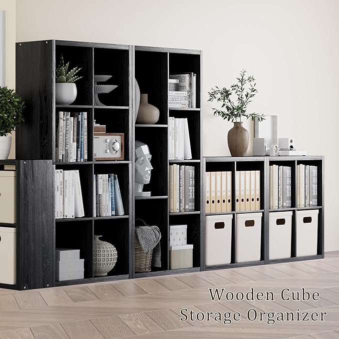 Cube Storage Organizer Bookcase, Decorative 11 inch Open Back Cubical Shelf with Thickened Border, Display Bookshelf for Living Room, Home Office, Sturdy Room (Black, 4 Cube)