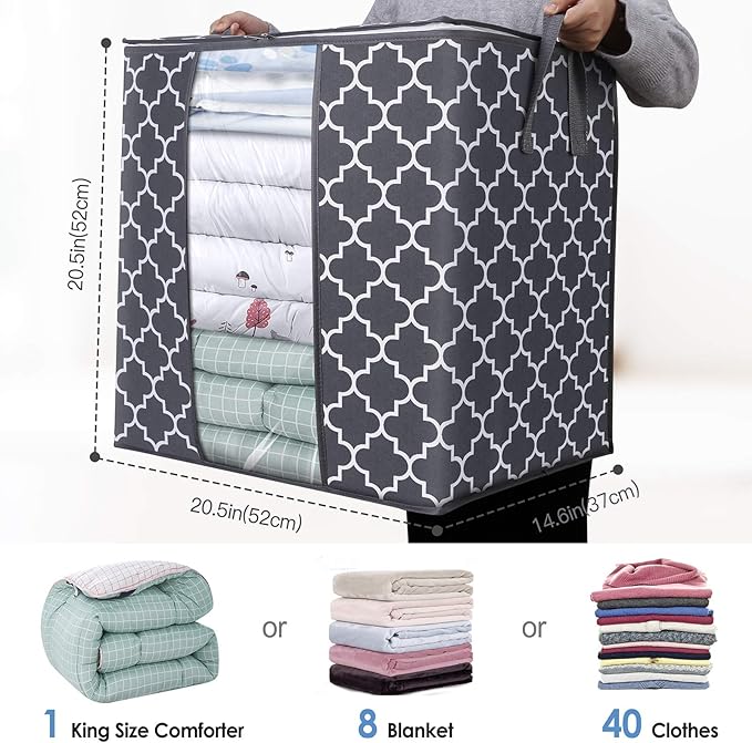 WISELIFE Storage Bags 4 Pack/100L Large Blanket Clothes Organization and Storage Containers for Comforters,Bedding, Foldable Organizer with Reinforced Handle, Clear Window, Sturdy Zippers,Gray