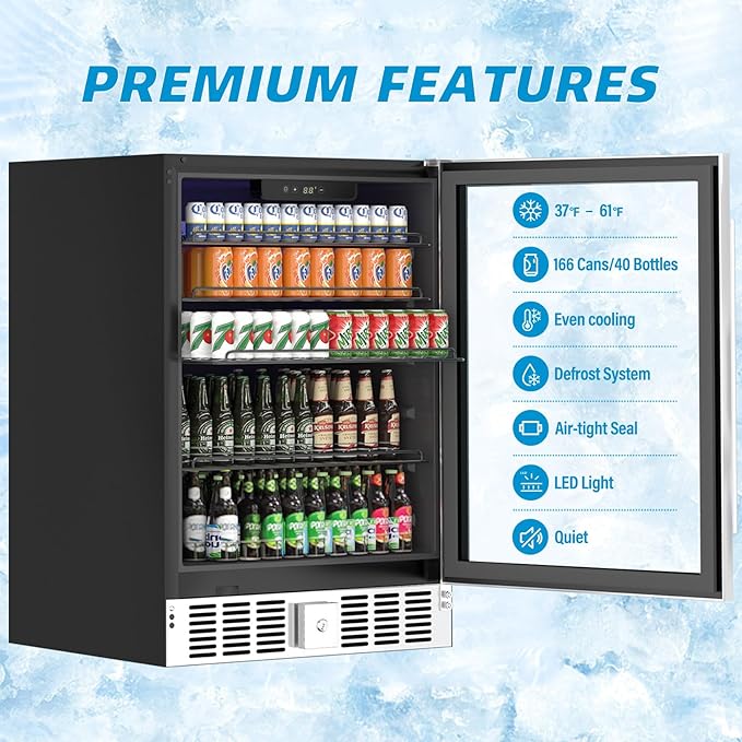 5.3 Cu Ft/166 Can Mini Fridge, Freestanding 24 Inch Beverage Refrigerator with Glass Front Door for Soda, Beer Under Counter Drink Refrigerator with Adjustable Shelves(Silver)