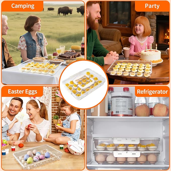 2 Pack Deviled Egg Containers with Lid and Handle, Durable Clear Plastic Deviled Egg Carrier Storage 48 Eggs, Stackable Egg Holder for Fridge, Portable Tray Platter for Party & Picnics-White