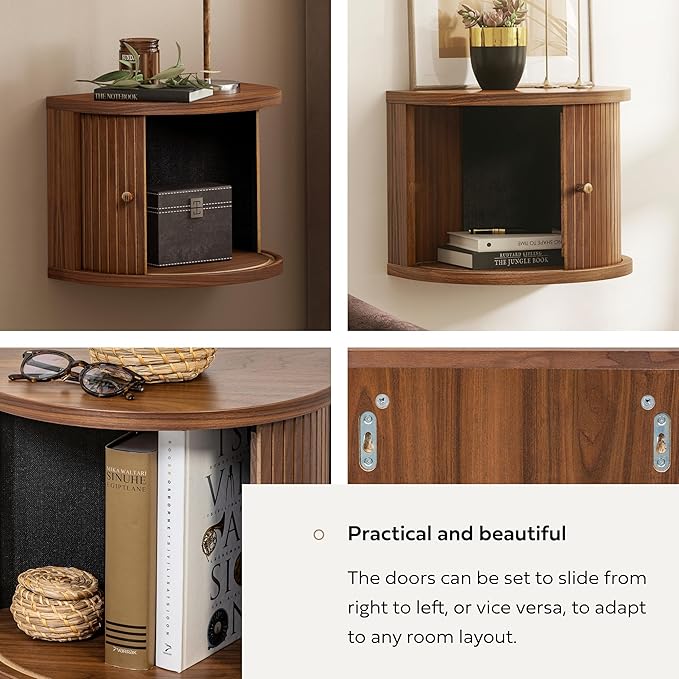 WERMO 16'' Floating Nightstand with Storage and Sliding Door - Floating Side Table for Living Room, Bedroom and Office. Mid Century Modern Nightstand Wood, Bedside Shelf Wall Mount (Walnut)