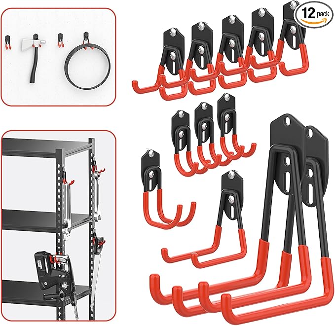 WALMANN 12 PCS Garage Storage Hooks, Wall Mount Utility Hooks for Tools, Ladders, Cords, Folding Chairs, Shovels and Rakes, Shelving Hooks for Keyhole Shelving Units