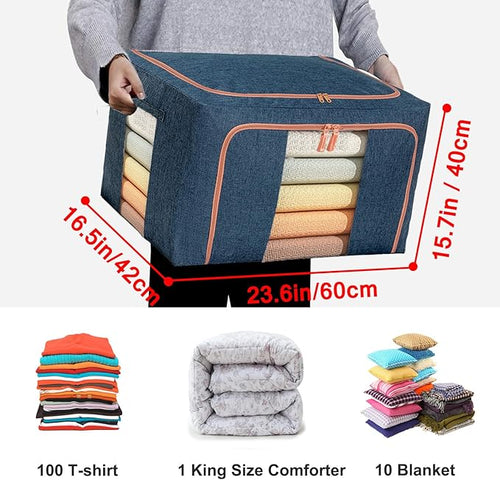 100L Large Capacity Clothes Storage Organizer,Stackable Storage Bags with Foldable Metal Frame, Zipper, Handles, Clear Window, Storage Container Box for Blanket Sweater Comforter Pillow (Navy 2Pack )