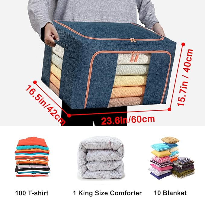 100L Large Storage Bags,Stackable Clothes Storage Bins with Hold Shape Metal Frame,Foldable Closet Organizer Containers with Zipper,Clear Window,Thick Fabric for Seasonal Clothing (Gray, 4 Pack)