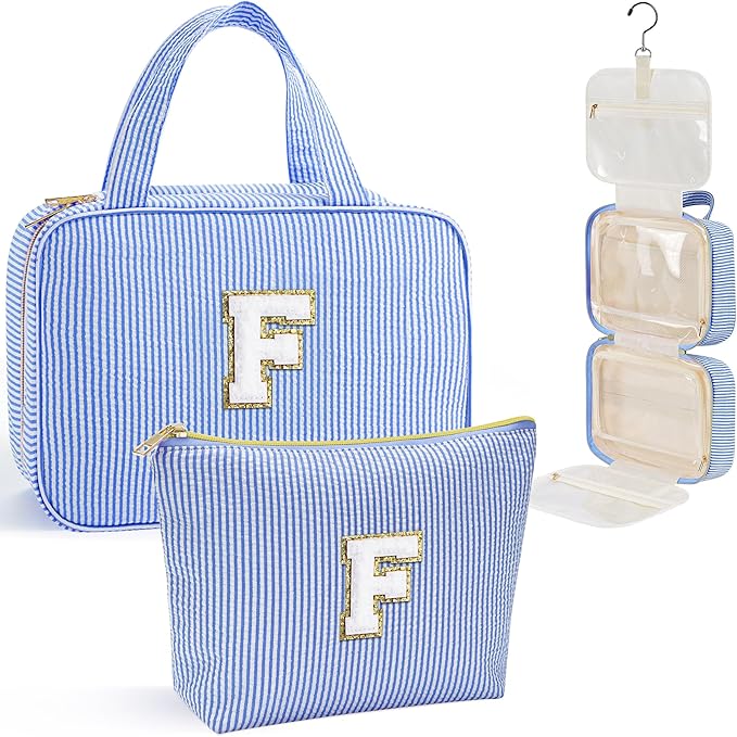 YOOLIFE Gifts for Friends - Friendship Gifts for Women, Travel Toiletry Bag for Women, Hanging Toiletry Bag, Monogrammed Initial Tolietry Pouch Makeup Bag - Letter F, Blue